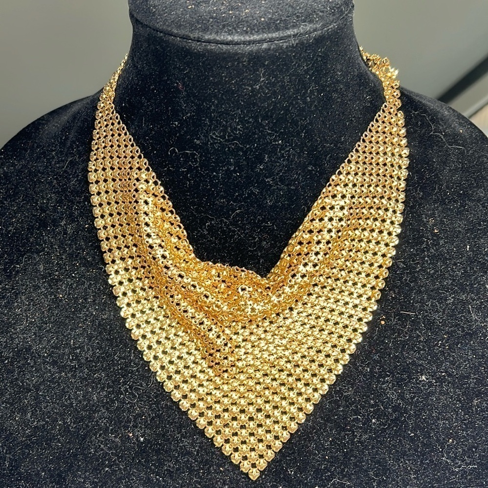 Goldtone Mesh Bandana Chain Bib Vintage Necklace